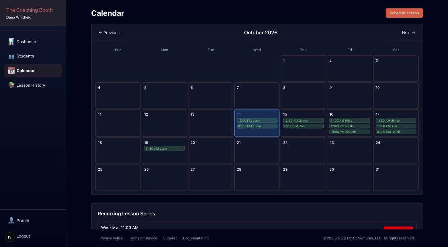 The Coaching Booth calendar showing a month of lessons for a voice studio